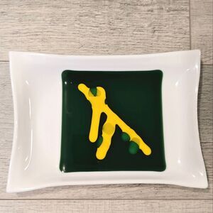 MCM Fused Glass White Green Decorative Plate Platter Hand Blown